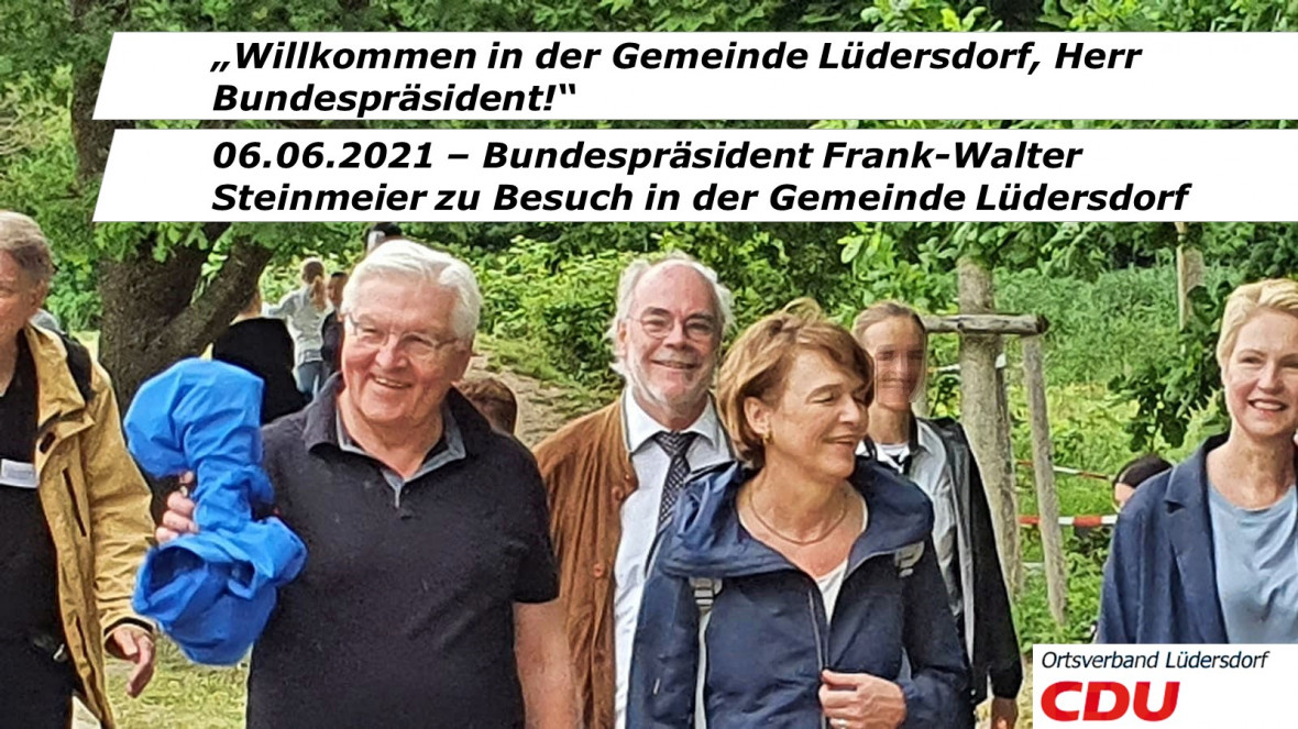 Hohen Besuch konnte Bürgermeister Dr. Erhard Huzel (Bildmitte) am 06.06.2021 in der Gemeinde Lüdersdorf begrüßen: Bundespräsident Frank-Walter Steinmeier (1. v.l.) und First Lady Elke Büdenbender (3. v.l.) besuchten im Rahmen einer Wanderung entlang der e